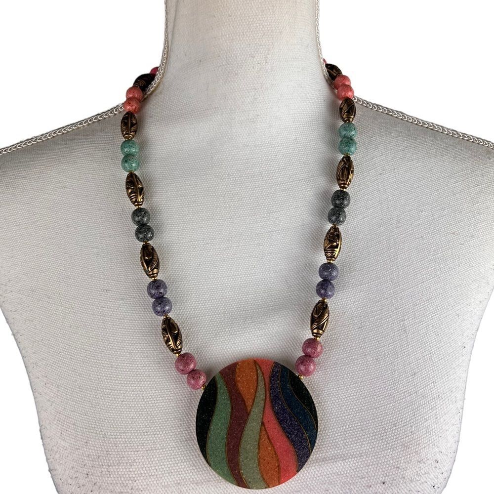 Vintage 1980s Large Resin Disk & Beaded Necklace Multicolor Pink Gold Statement